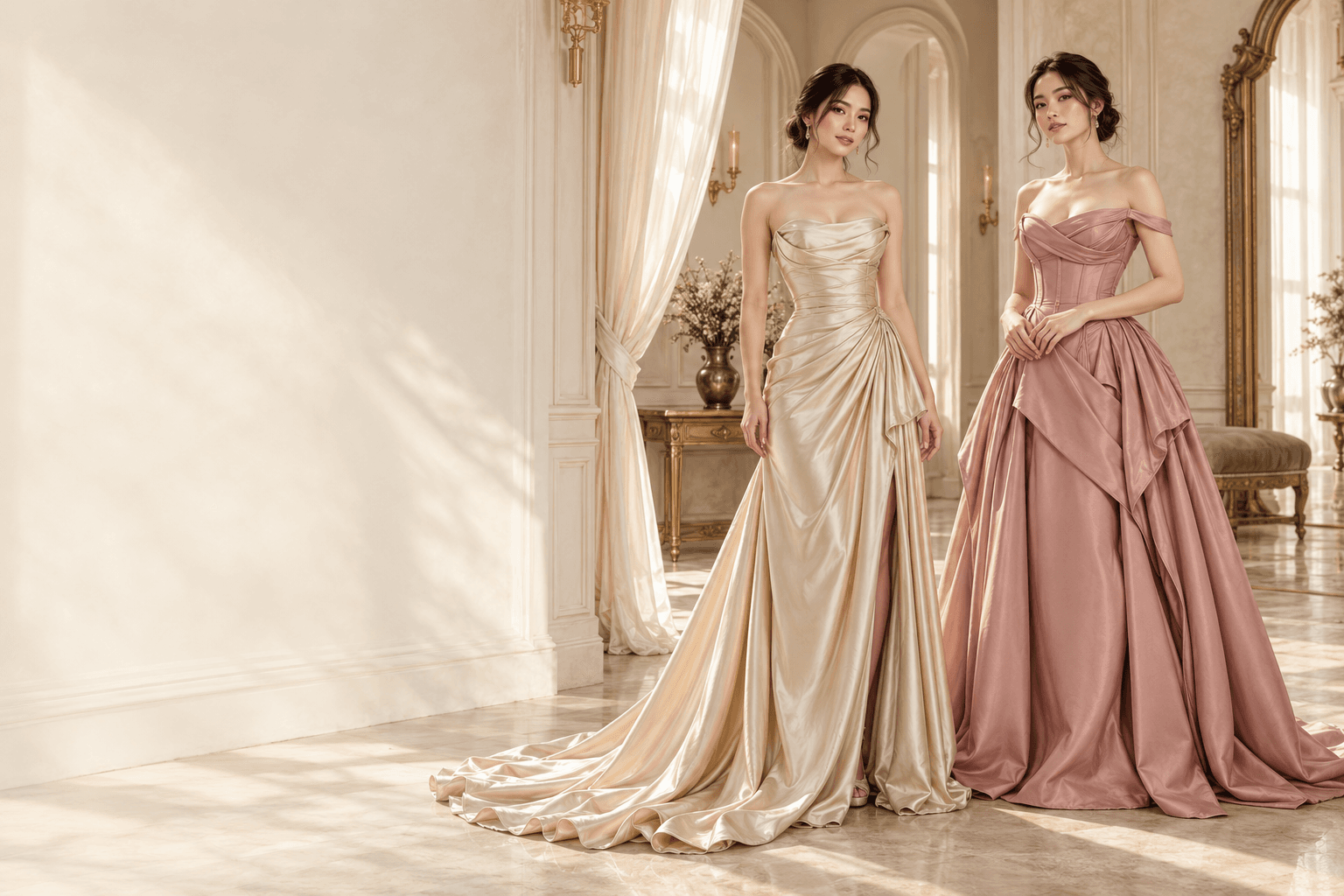 Poster thời trang AI: hai người mẫu trưởng thành trong đầm champagne và hồng cổ điển