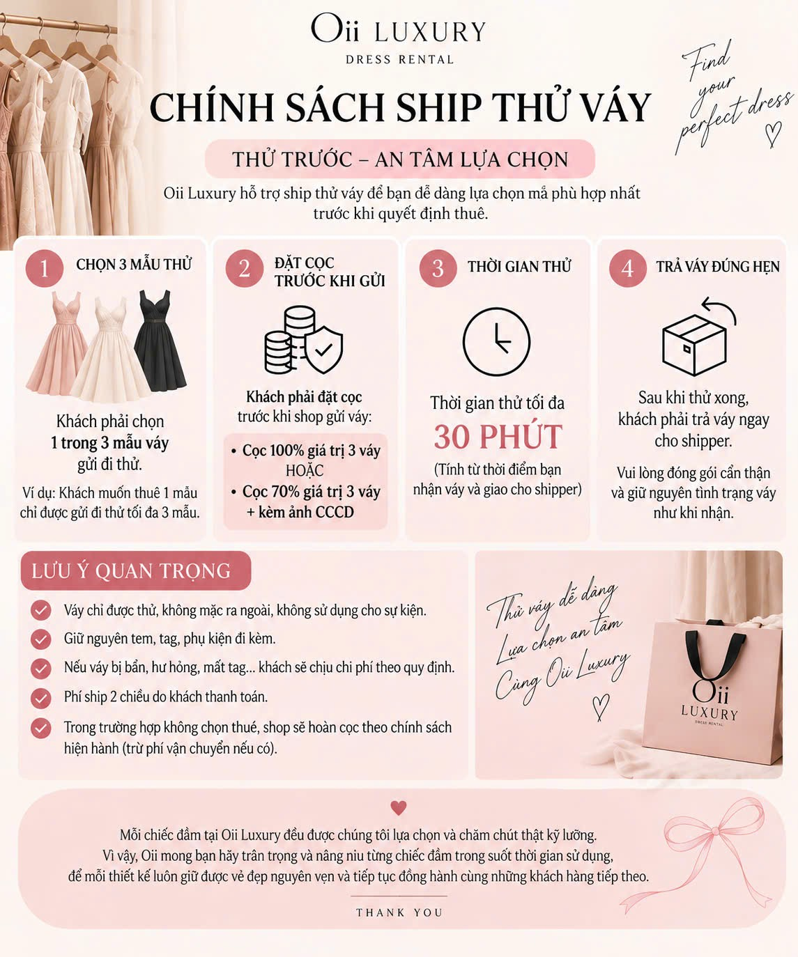 Chính sách ship thử váy Oii: tối đa 3 mẫu, cọc trước khi gửi, thử 30 phút và trả ngay cho shipper. Nội dung đầy đủ ở bên dưới.