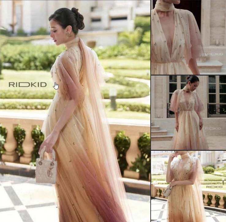 Đầm nude cổ cao đính ngọc và áo choàng · Ridkid