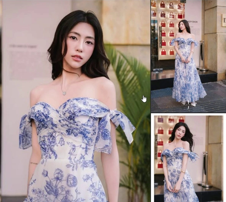 Đầm xanh hoa trễ vai dây buộc tay · Josephine
