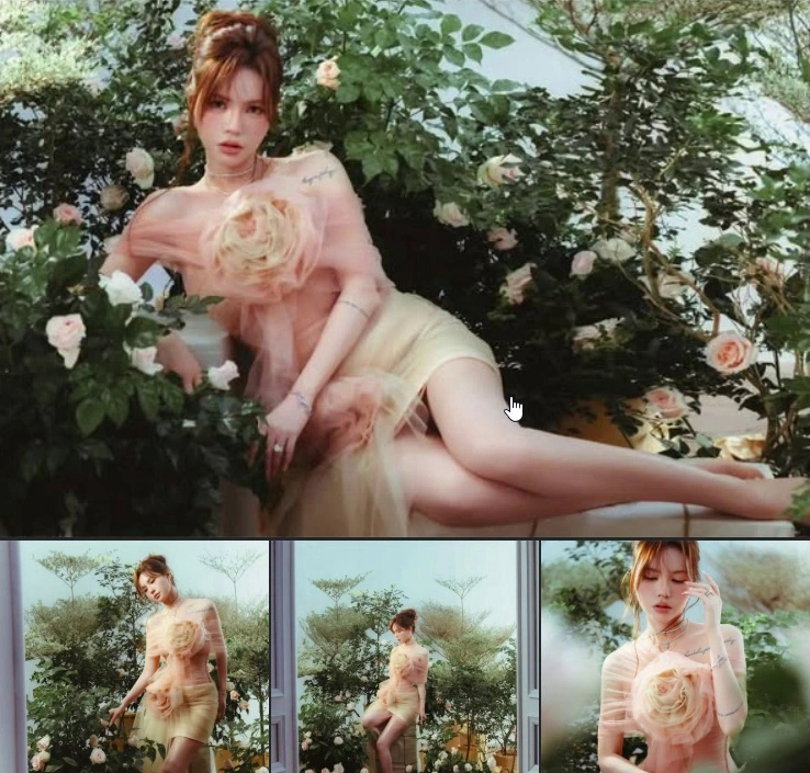 Đầm vàng hoa hồng nổi tay voan dài