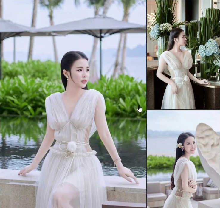Đầm trắng cổ V vai voan đính hoa · Xybymy