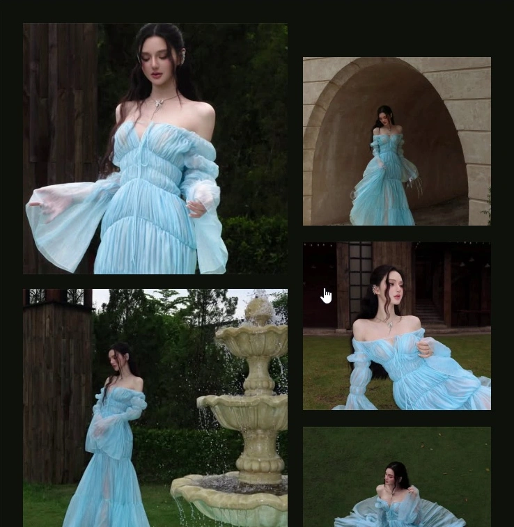 Đầm xanh corset trễ vai tay bồng · Linh Phùng