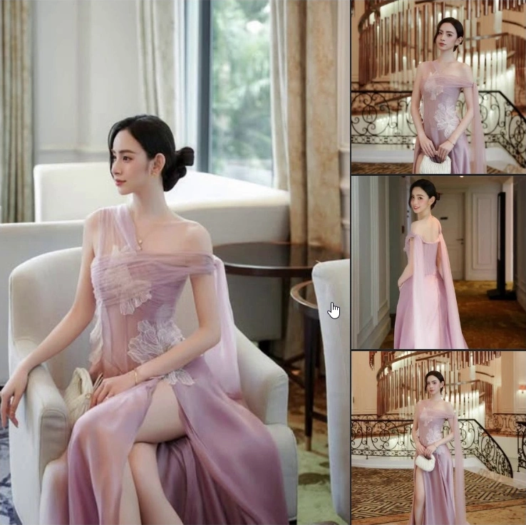 Đầm tím lệch vai tà choàng xẻ đùi · Linh Phùng