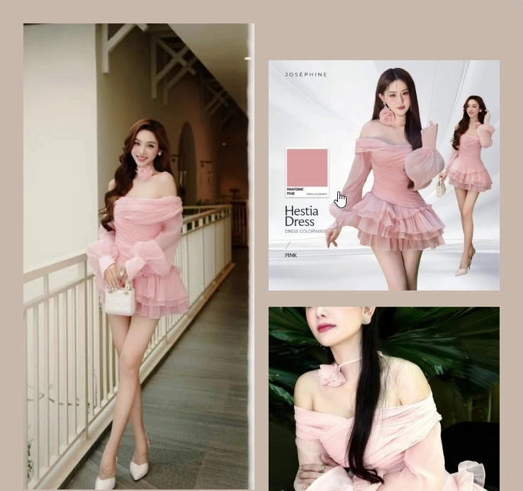 Hestia Dress hồng trễ vai bèo tầng · Josephine